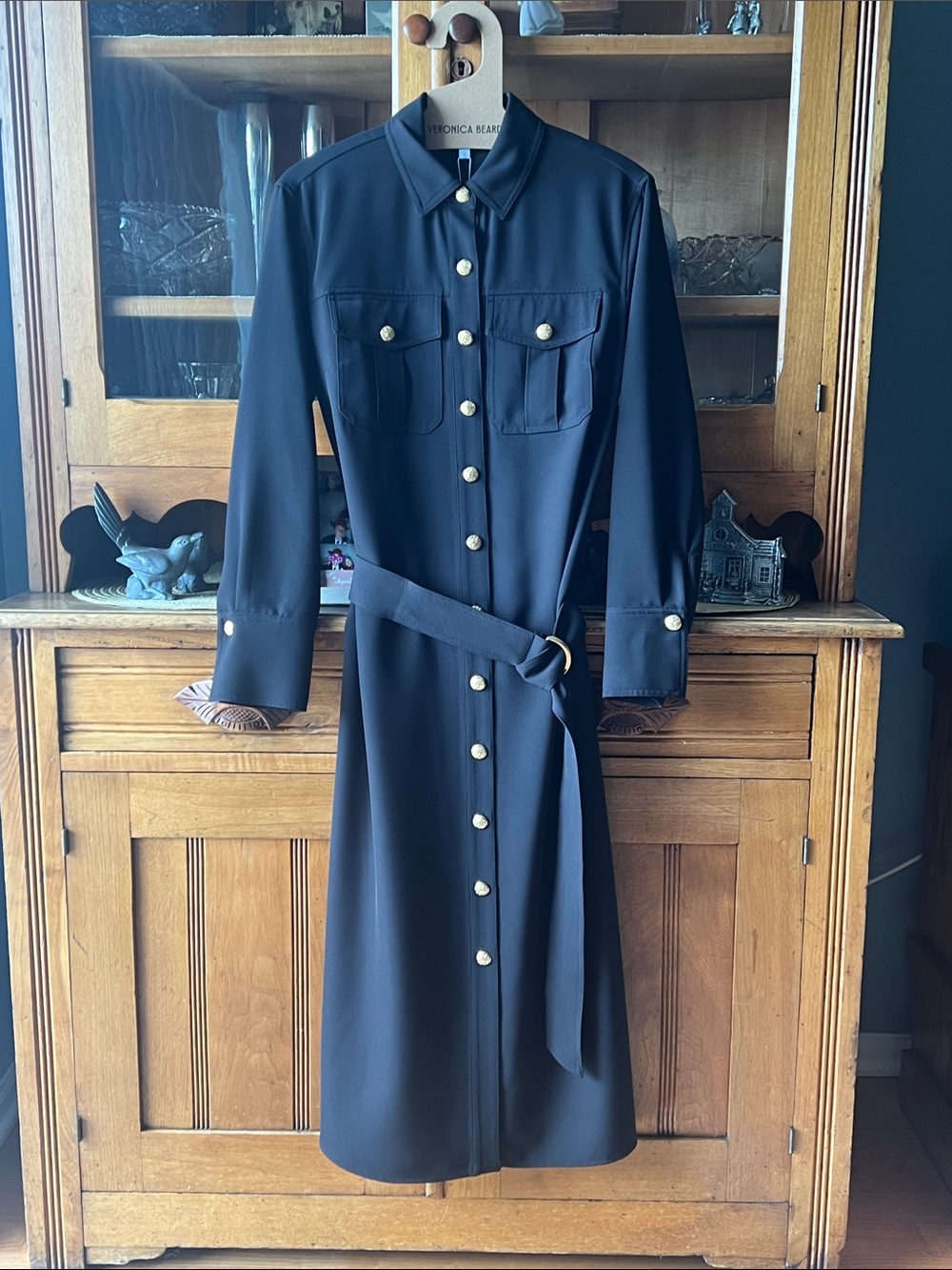 Veronica Beard Black Button-Front Long-Sleeve Shirt Dress with D-Ring Belt